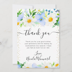 Watercolor Daisies and Blue Flowers Quinceanera Thank You Card