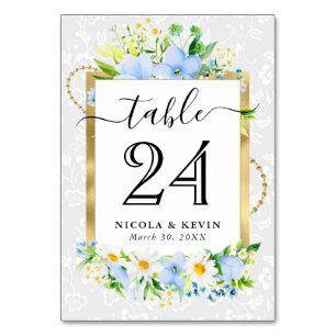 Watercolor Daisies and Blue Flowers Wedding Table Number