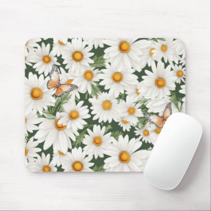 Watercolor Daisies and Butterflies Mouse Pad