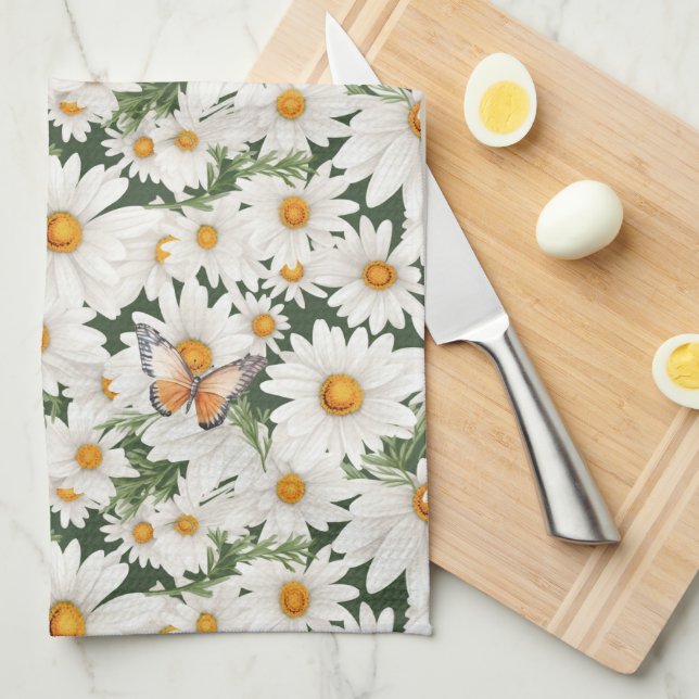 Watercolor Daisies and Monarch Butterflies Tea Towel (Quarter Fold)
