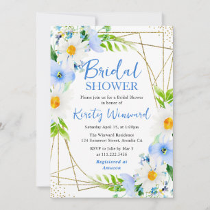 Watercolor Daisies & Blue Flowers Bridal Shower Invitation