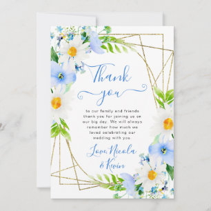 Watercolor Daisies Blue Flowers Frame Wedding Thank You Card