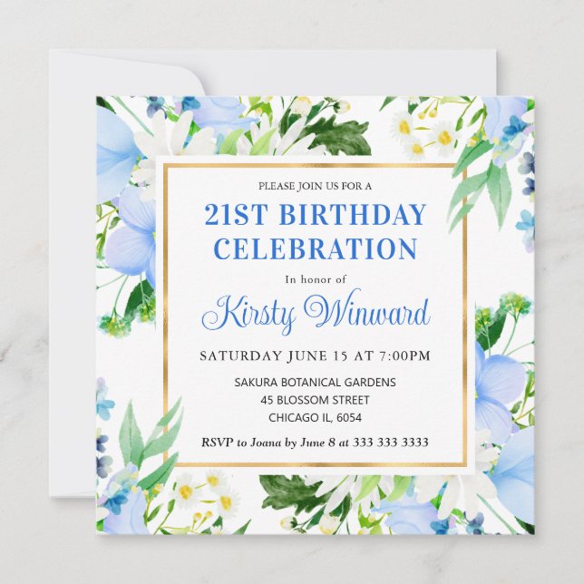 Watercolor Daisies & Blue Summer Flowers Birthday Invitation (Front)