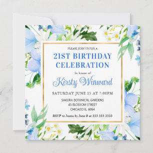 Watercolor Daisies & Blue Summer Flowers Birthday Invitation