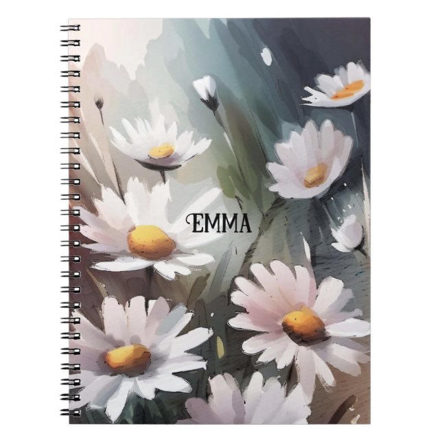 Watercolor Daisies Custom Name Text Notebook (Front)