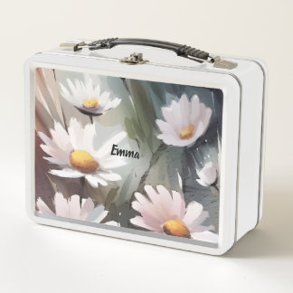 Watercolor Daisies Cute Floral Pattern Custom Name Metal Lunch Box