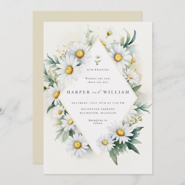 Watercolor daisies diamond wedding invitation (Front/Back)