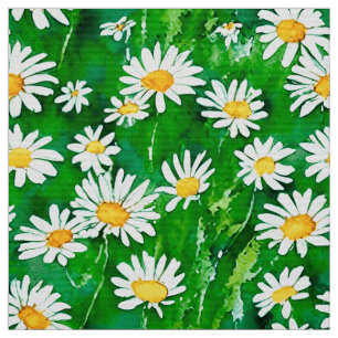 Watercolor Daisies in a Green Field Fabric
