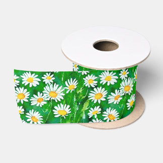 Watercolor Daisies in a Green Field Satin Ribbon