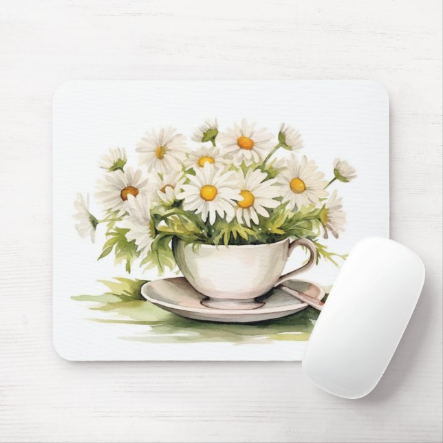 Watercolor Daisies In Coffee Cup Mouse Pad (With Mouse)