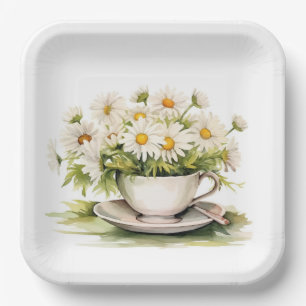 Watercolor Daisies In Coffee Cup Paper Plate