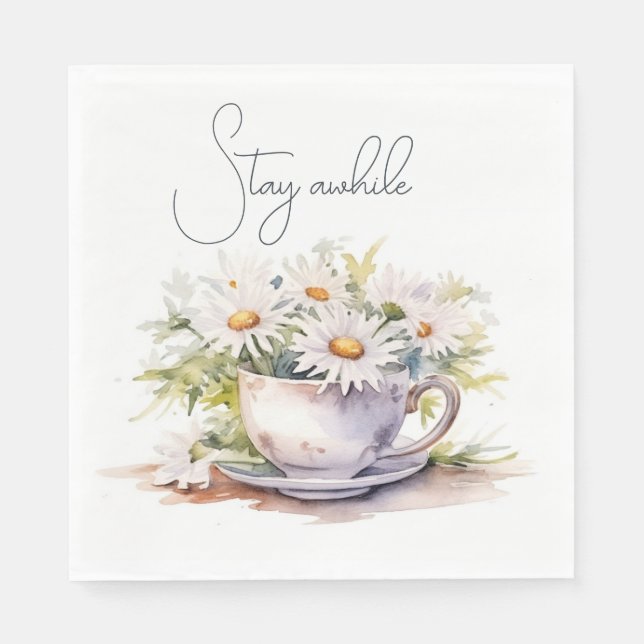 Watercolor Daisies In Coffee Cup With Text Napkin (Front)