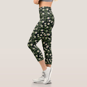 Watercolor Daisies On Black Capri Leggings