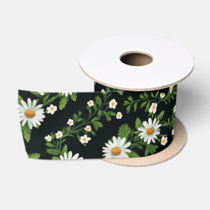 Watercolor Daisies On Black Satin Ribbon