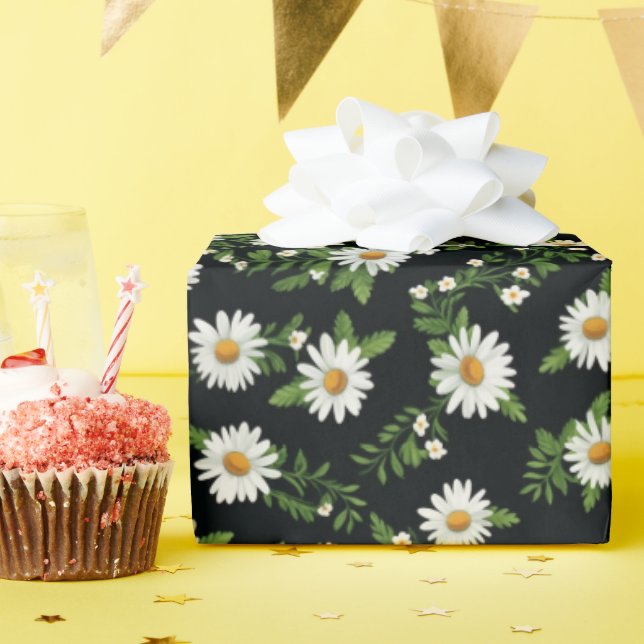Watercolor Daisies On Black Wrapping Paper (Birthday Party)