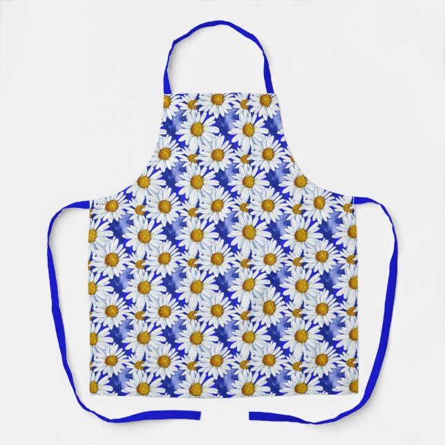 Watercolor Daisies on Denim Blue   Apron (Front)