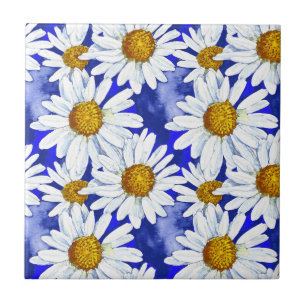 Watercolor Daisies on Denim Blue Ceramic Tile