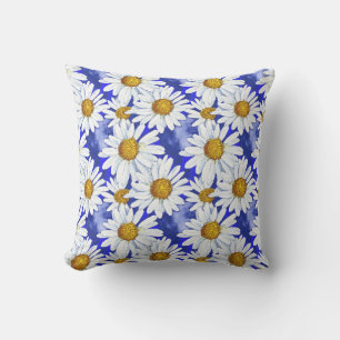 Watercolor Daisies on Denim Blue   Cushion