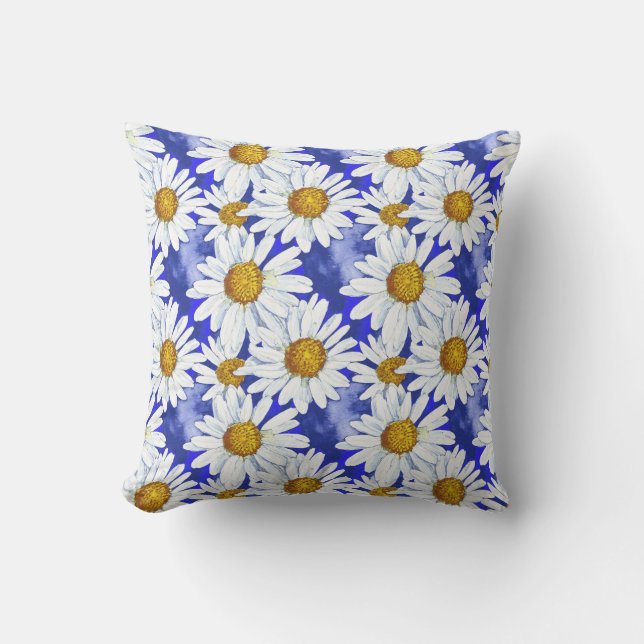 Watercolor Daisies on Denim Blue   Cushion (Front)