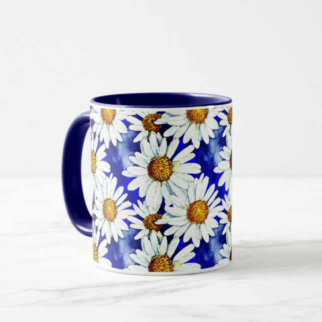 Watercolor Daisies on Denim Blue Mug (Front Left)