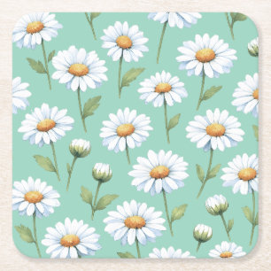 Watercolor daisies on  square paper coaster