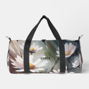 Watercolor Daisies Pattern Custom Name Duffle Bag