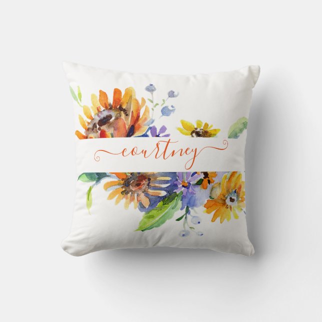 Watercolor daisies personalised  cushion (Front)