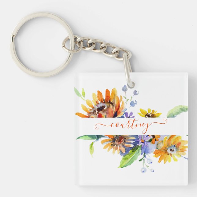 Watercolor daisies personalised   key ring (Front)