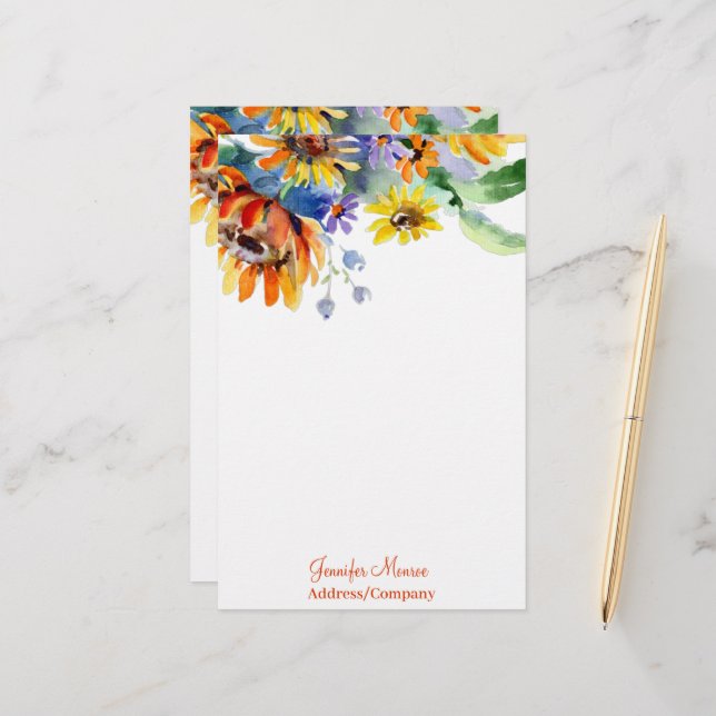 Watercolor daisies personalised stationery (Front/Back In Situ)