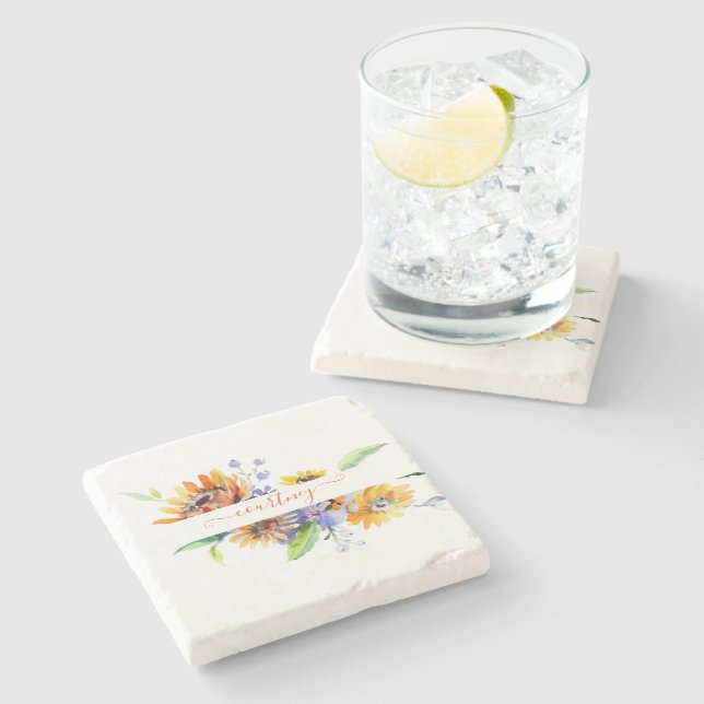 Watercolor daisies personalised  stone coaster (Side)