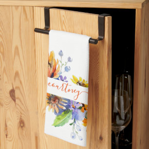 Watercolor daisies personalised   tea towel