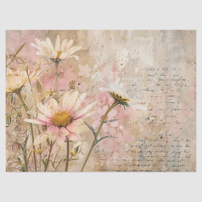 Watercolor Daisies Shabby Parchment Decoupage Tissue Paper (Front)
