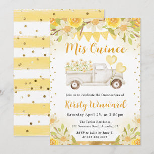Watercolor Daisies Truck and Flowers Quinceanera Invitation