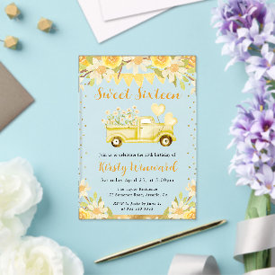 Watercolor Daisies Truck and Flowers Sweet Sixteen Acrylic Invitations