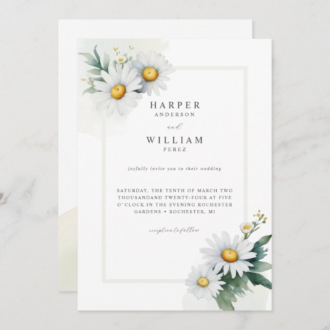 Watercolor daisies wedding invitation (Front/Back)