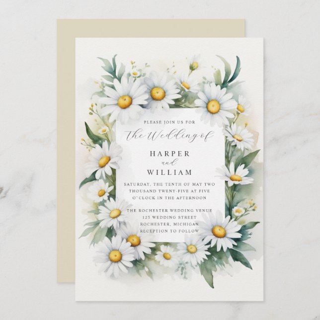 Watercolor daisies wedding invitation (Front/Back)