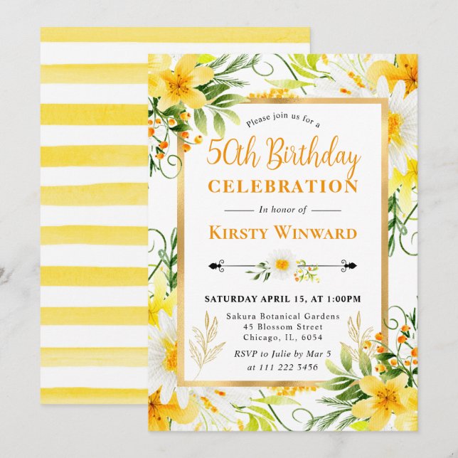 Watercolor Daisies & Yellow Flowers 50th Birthday Invitation (Front/Back)