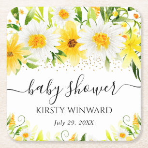 Watercolor Daisies & Yellow Flowers Baby Shower Square Paper Coaster