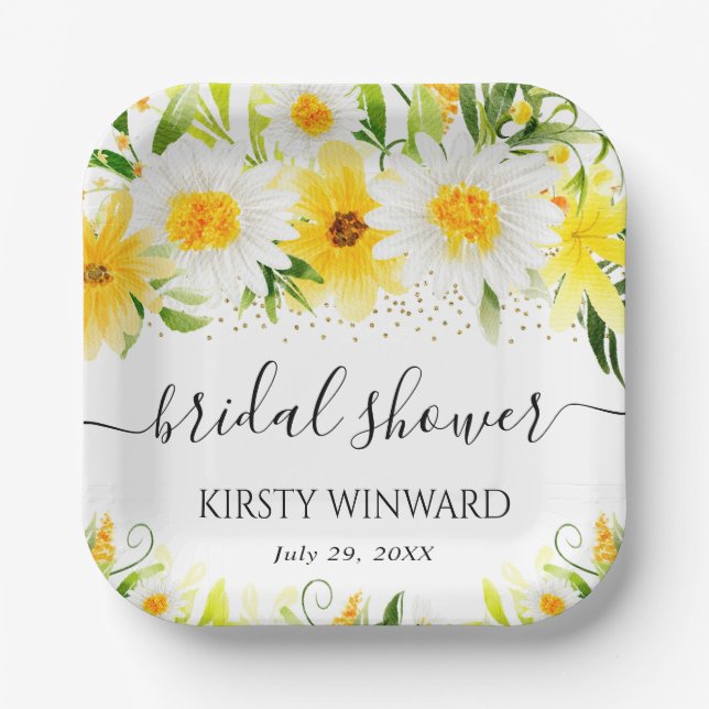 Watercolor Daisies & Yellow Flowers Bridal Shower Paper Plate (Front)