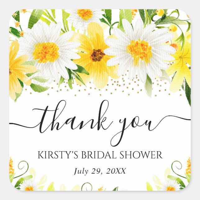 Watercolor Daisies & Yellow Flowers Bridal Shower Square Sticker (Front)
