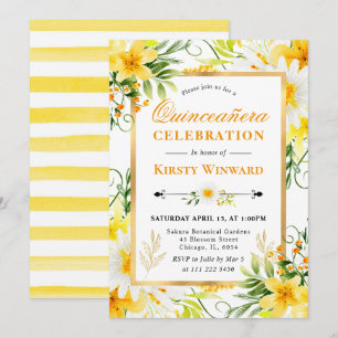 Watercolor Daisies & Yellow Flowers Quinceanera Invitation