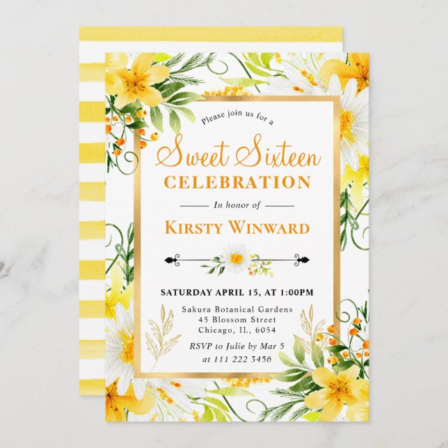 Watercolor Daisies & Yellow Flowers Sweet 16 Invitation (Front/Back)