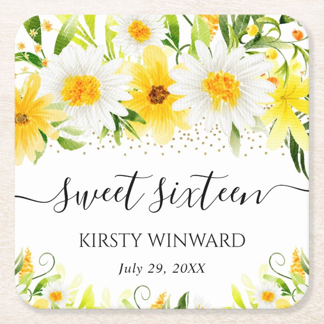 Watercolor Daisies & Yellow Flowers Sweet Sixteen Square Paper Coaster (Front)