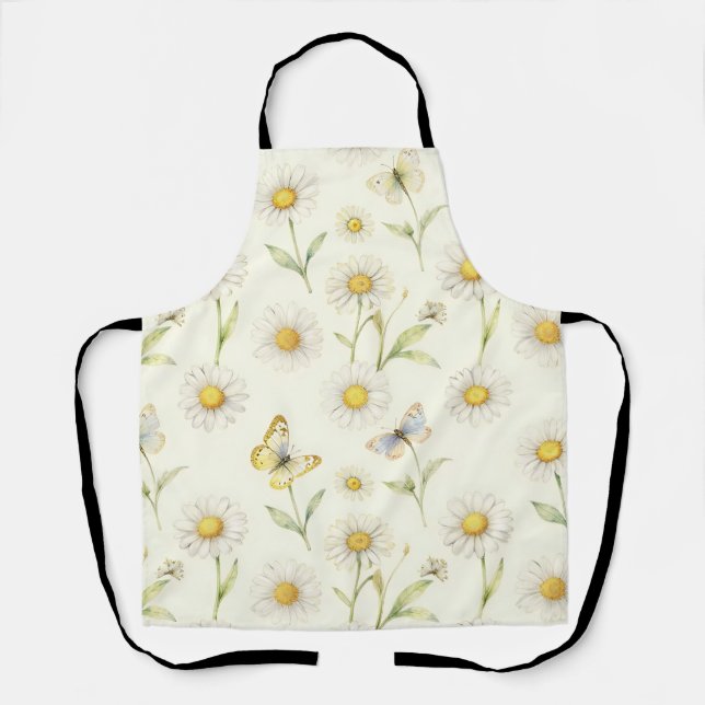 Watercolor Daisy and Butterfly Meadow Pattern Apron (Front)