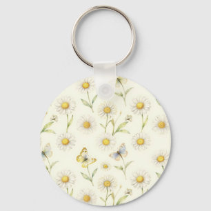 Watercolor Daisy and Butterfly Meadow Pattern Key Ring