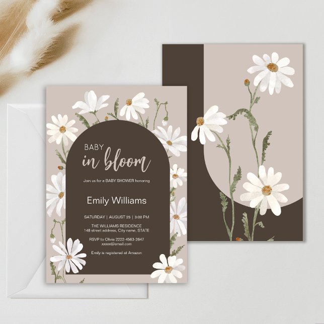 Watercolor daisy baby in bloom flower baby shower invitation (Daisy wildflower watercolor baby in bloom floral shower invitation in beige colors, rustic, boho)
