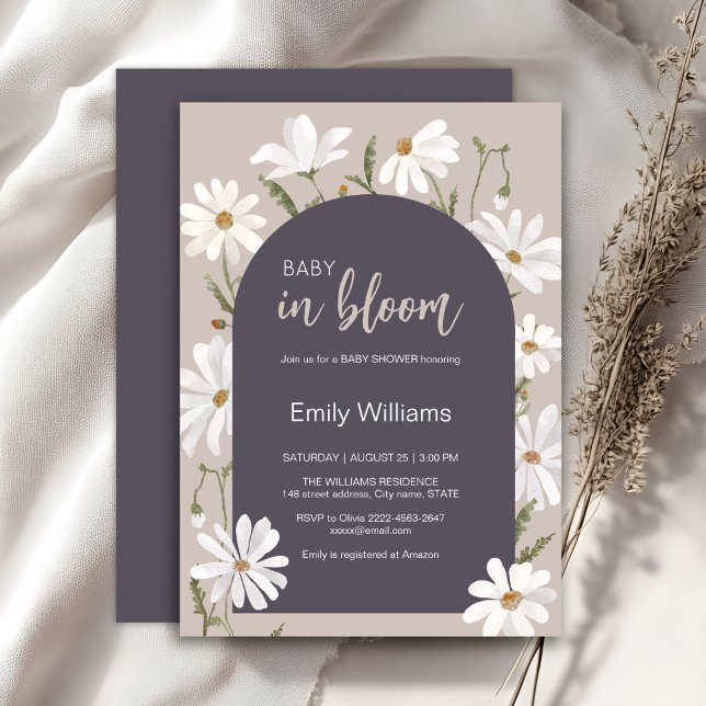 Watercolor daisy baby in bloom flower baby shower invitation (Daisy wildflower watercolor baby in bloom floral shower invitation in beige colors, rustic, boho)