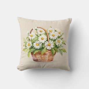 Watercolor Daisy Bouquet In Basket Cushion