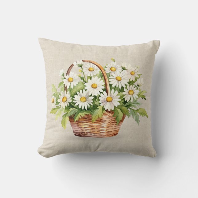 Watercolor Daisy Bouquet In Basket Cushion (Front)