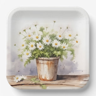 Watercolor Daisy Bouquet In Pot Paper Plate